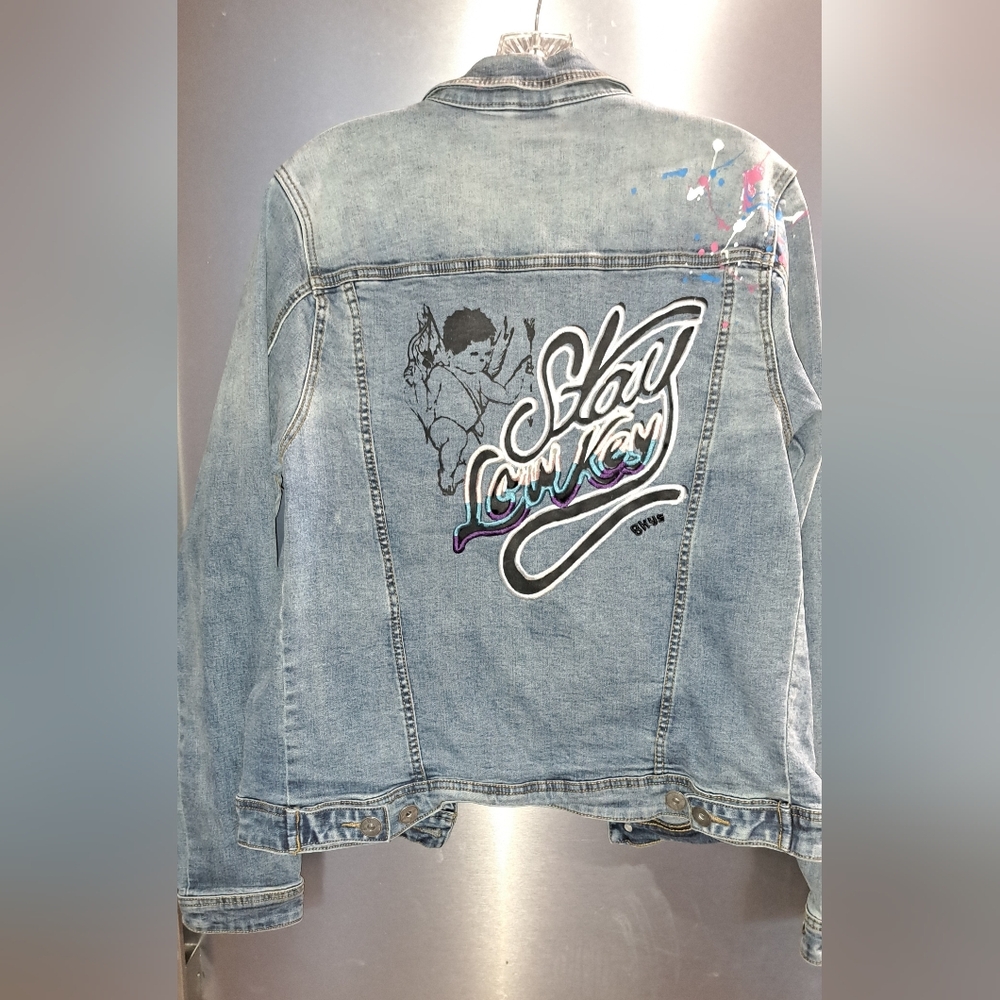 Black Keys Stay LowKey Paint Splatter Jean Jacket (White/Blue/Yellow) BKYS Med
